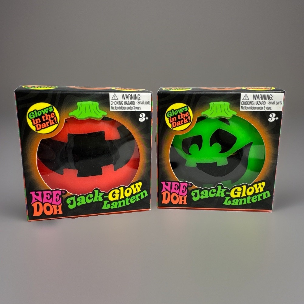 RARE Needoh Glow in the Dark Jack-O'-Lantern Squeeze Ball 2-Pack Green & Orange